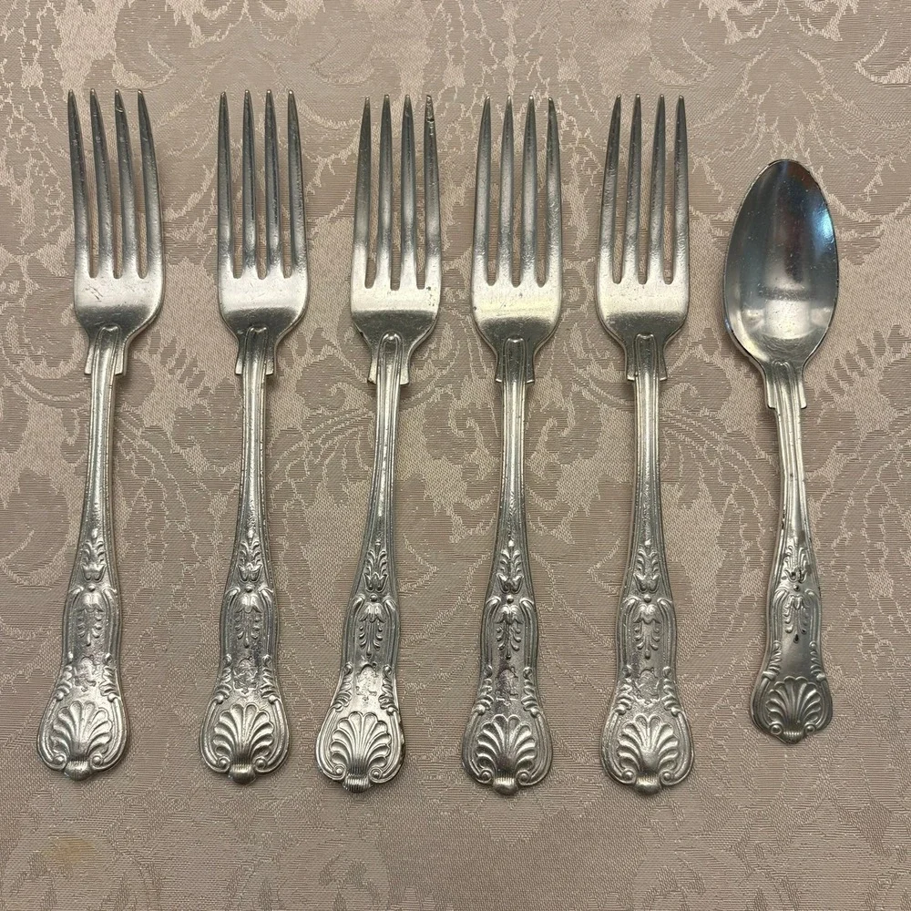 WWII US Navy Officer's Mess Silverplate Flatware 6pc Kings Design USN 1940s